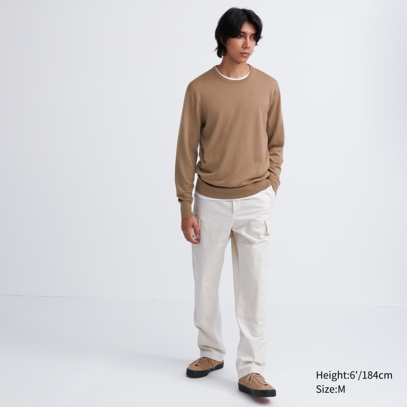 Men Uniqlo Extra Fine Merino Crew Neck Sweaters Beige | 9438542