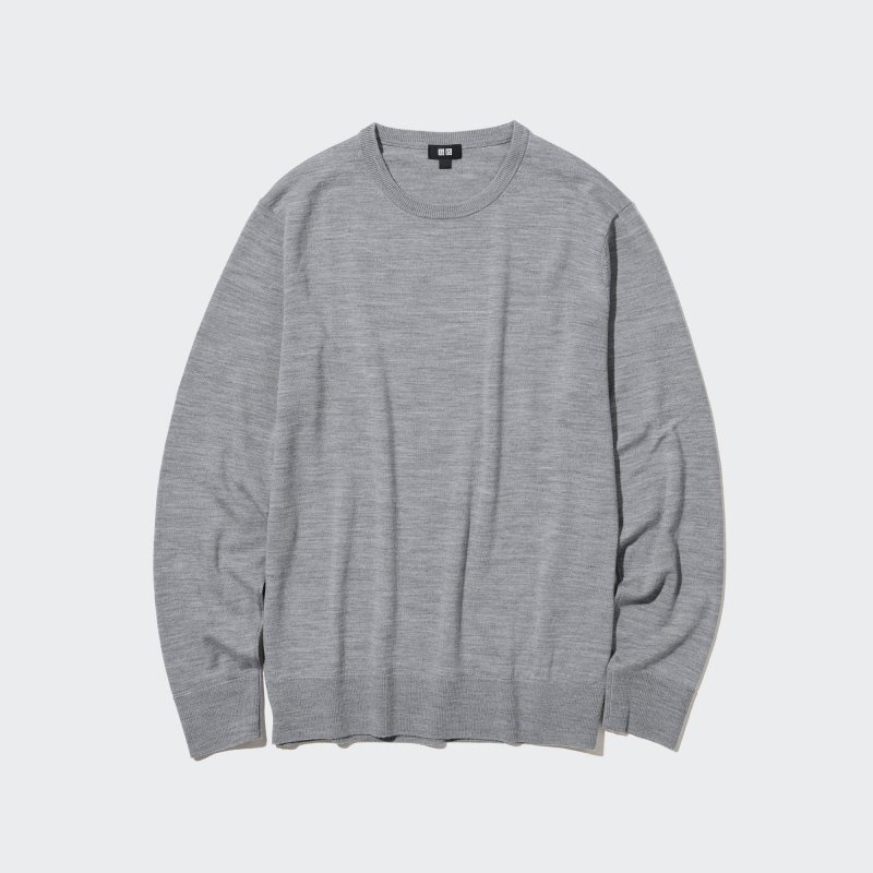 Men Uniqlo Extra Fine Merino Crew Neck Sweaters Grey | 6601740