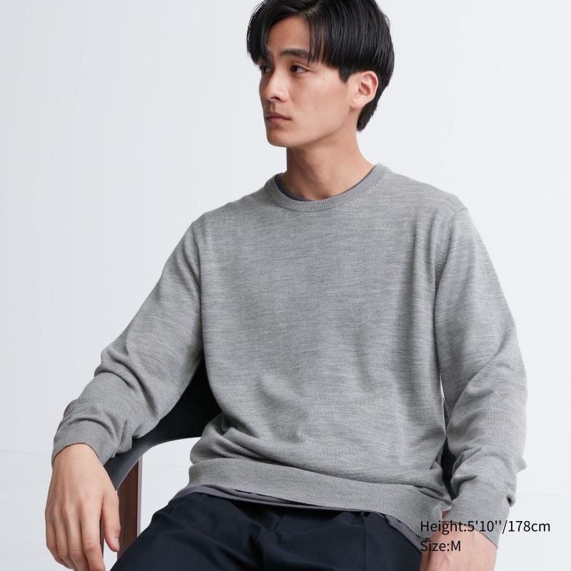 Men Uniqlo Extra Fine Merino Crew Neck Sweaters Grey | 6601740