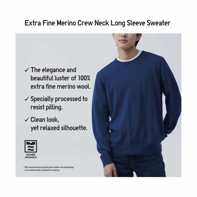 Men Uniqlo Extra Fine Merino Crew Neck Sweaters Blue | 9787659