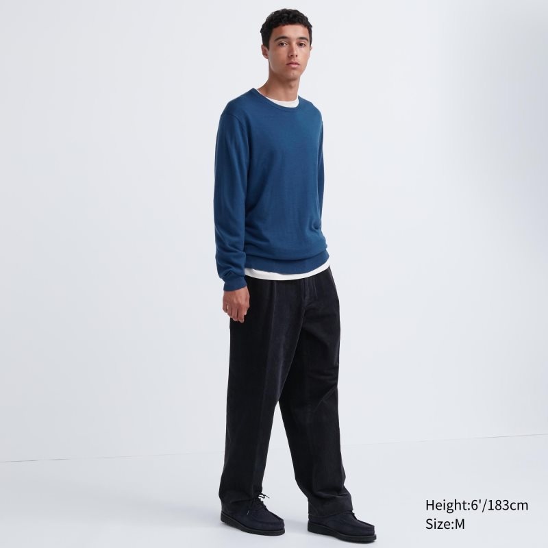 Men Uniqlo Extra Fine Merino Crew Neck Sweaters Blue | 9787659