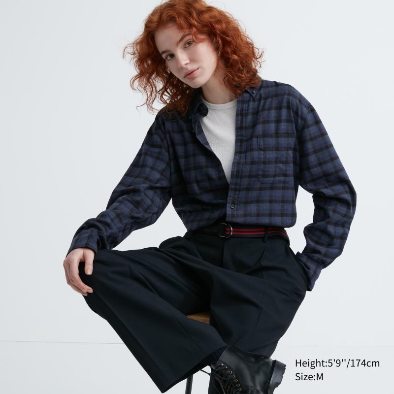 Men Uniqlo Flannel Checked Long Sleeve Shirts Blue | 5525932