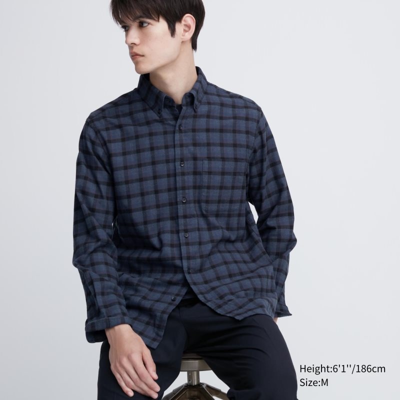 Men Uniqlo Flannel Checked Long Sleeve Shirts Blue | 5525932
