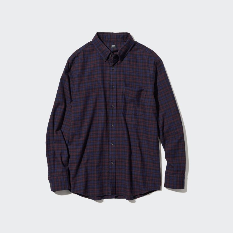 Men Uniqlo Flannel Checked Long Sleeve Shirts Burgundy | 9263220