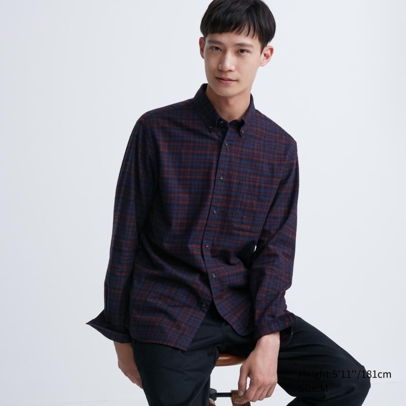 Men Uniqlo Flannel Checked Long Sleeve Shirts Burgundy | 9263220