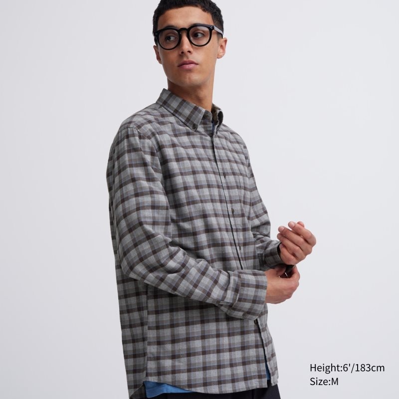 Men Uniqlo Flannel Checked Long Sleeve Shirts Grey | 1771247