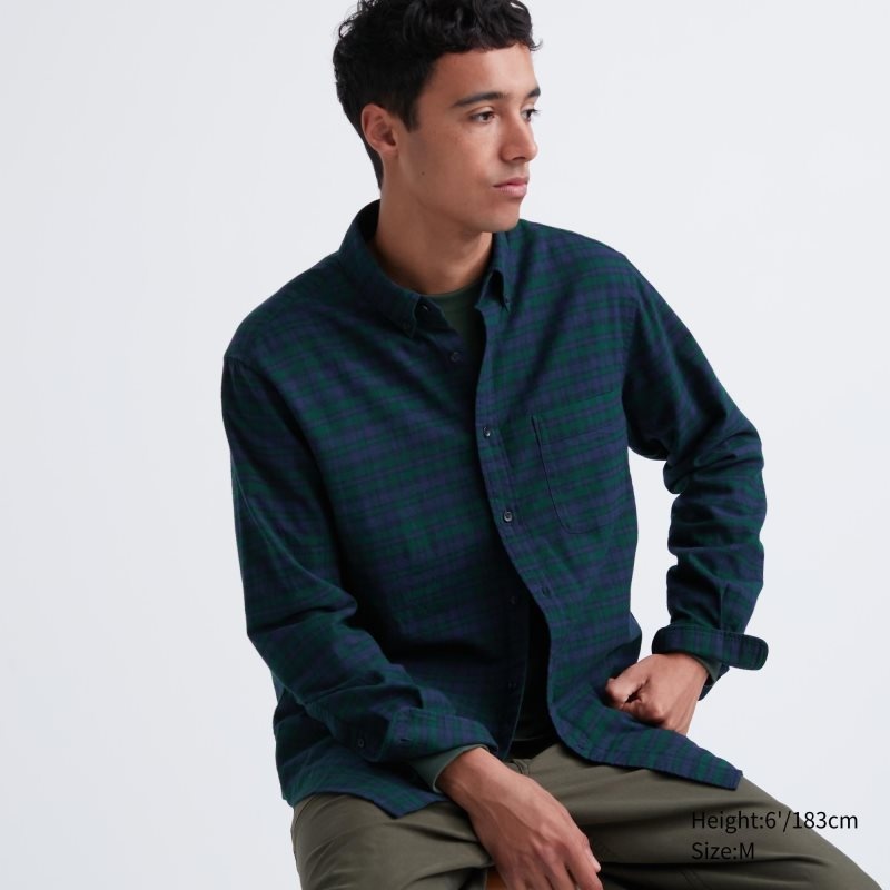 Men Uniqlo Flannel Checked Long Sleeve Shirts Green | 7758620