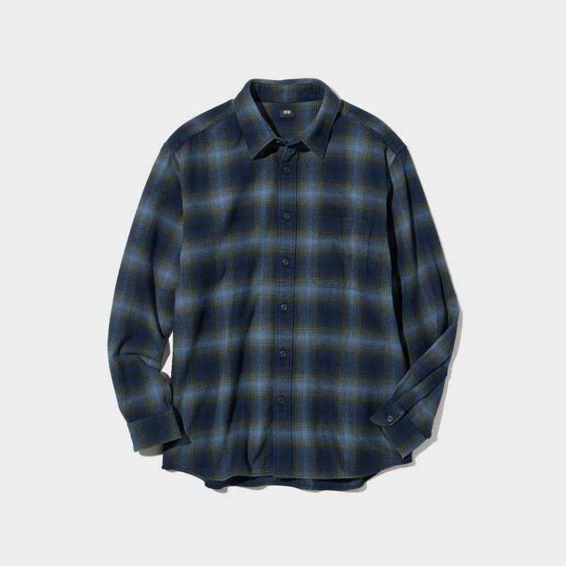 Men Uniqlo Flannel Checked Long-sleeve Shirts Blue | 6559832