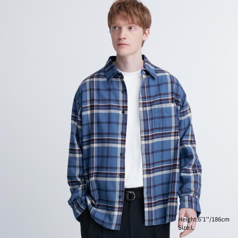 Men Uniqlo Flannel Checked Long-sleeve Shirts Blue | 4508868
