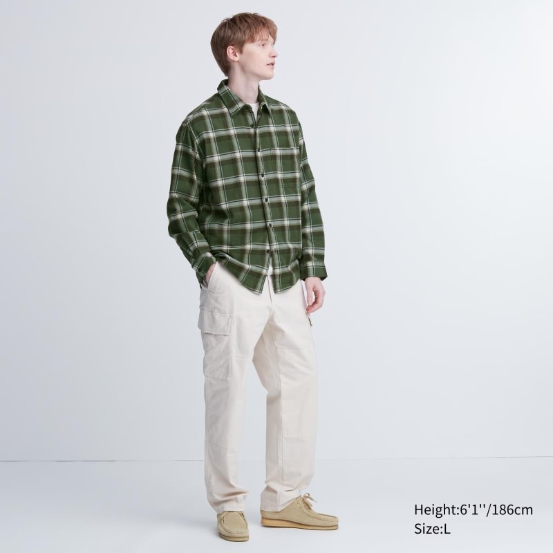 Men Uniqlo Flannel Checked Long-sleeve Shirts Olive | 4052050