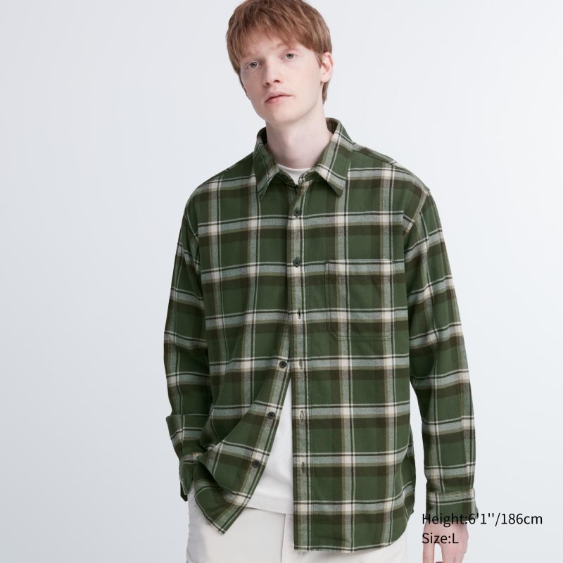 Men Uniqlo Flannel Checked Long-sleeve Shirts Olive | 4052050
