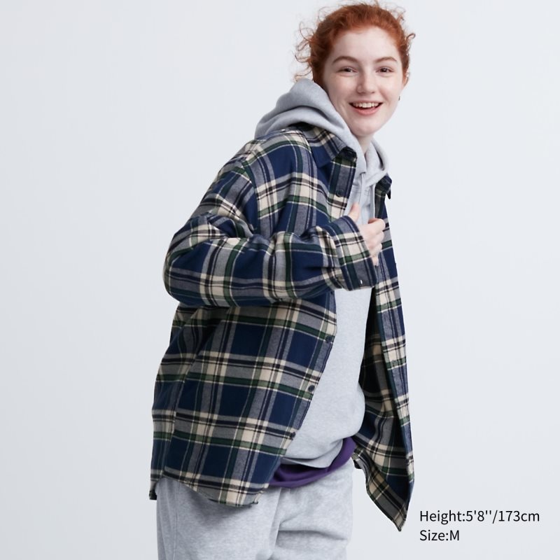 Men Uniqlo Flannel Checked Long-sleeve Shirts Blue | 6480048