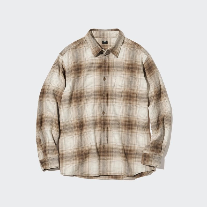 Men Uniqlo Flannel Checked Long-sleeve Shirts Beige | 3144814