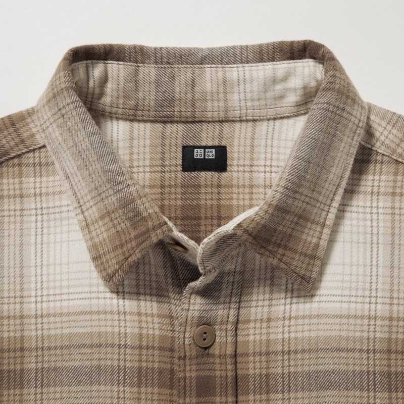 Men Uniqlo Flannel Checked Long-sleeve Shirts Beige | 3144814