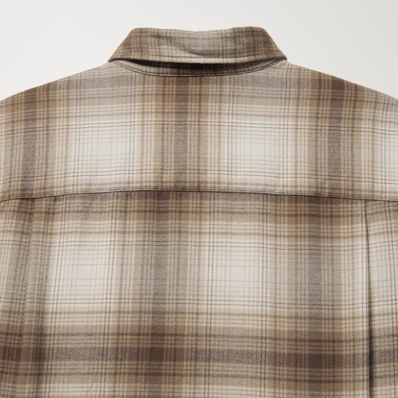 Men Uniqlo Flannel Checked Long-sleeve Shirts Beige | 3144814