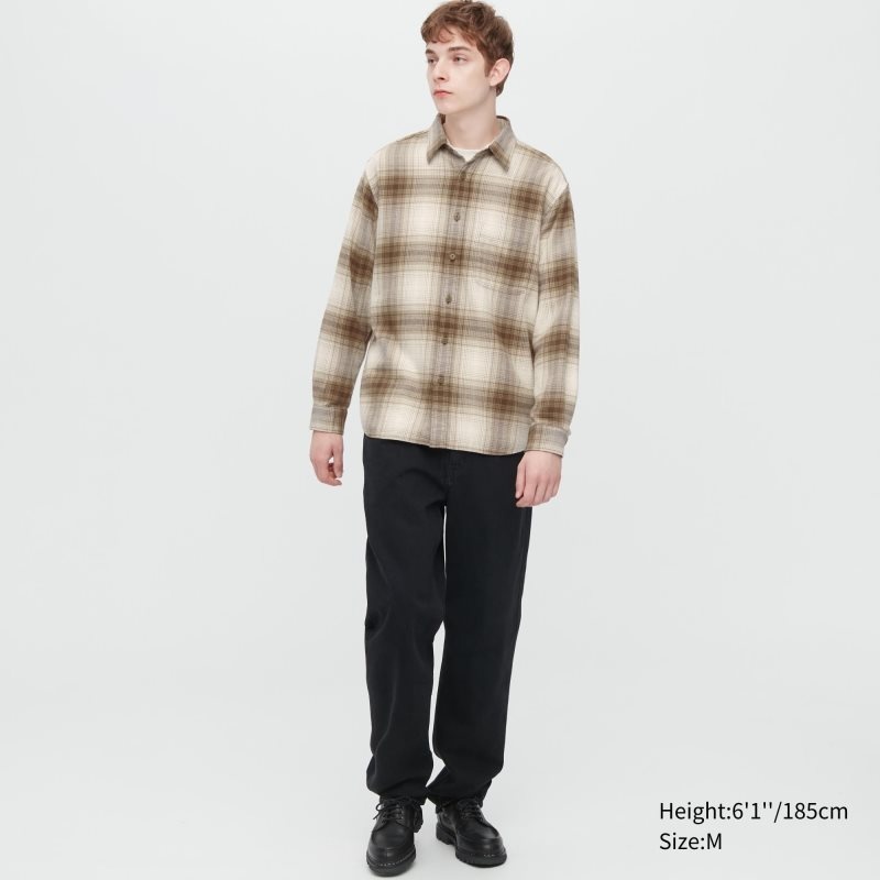 Men Uniqlo Flannel Checked Long-sleeve Shirts Beige | 3144814