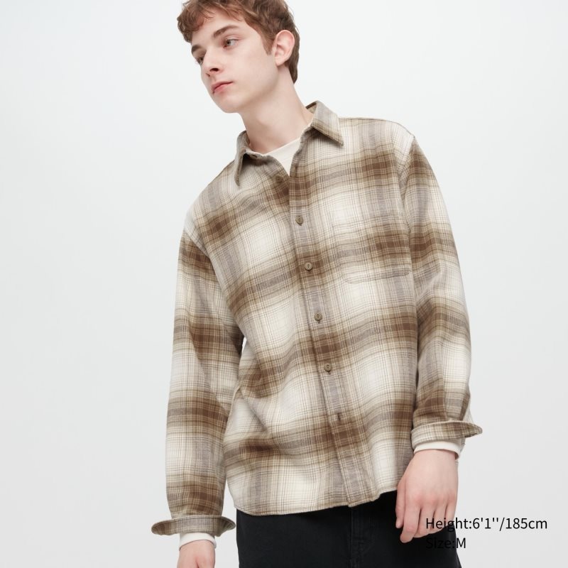 Men Uniqlo Flannel Checked Long-sleeve Shirts Beige | 3144814