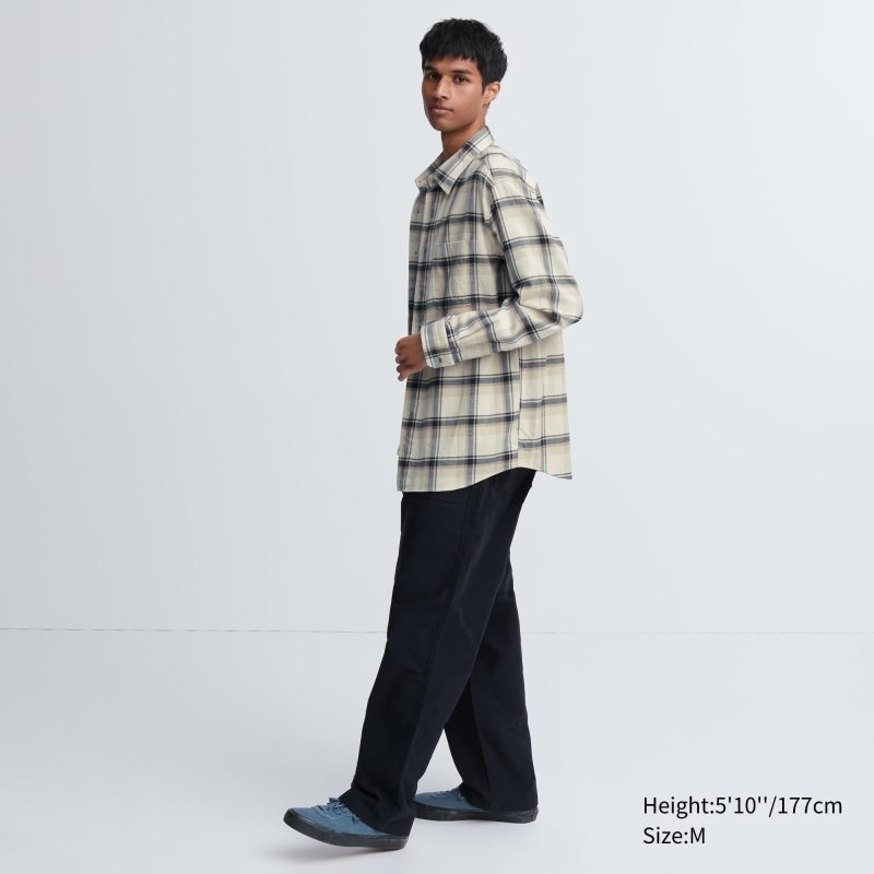 Men Uniqlo Flannel Checked Long-sleeve Shirts Beige | 6082488