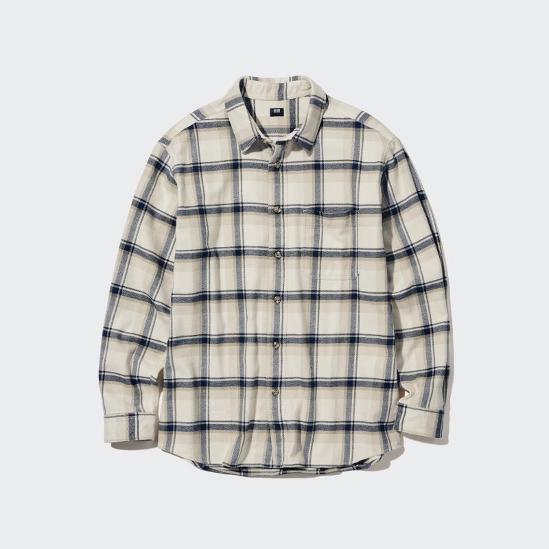 Men Uniqlo Flannel Checked Long-sleeve Shirts Beige | 6082488