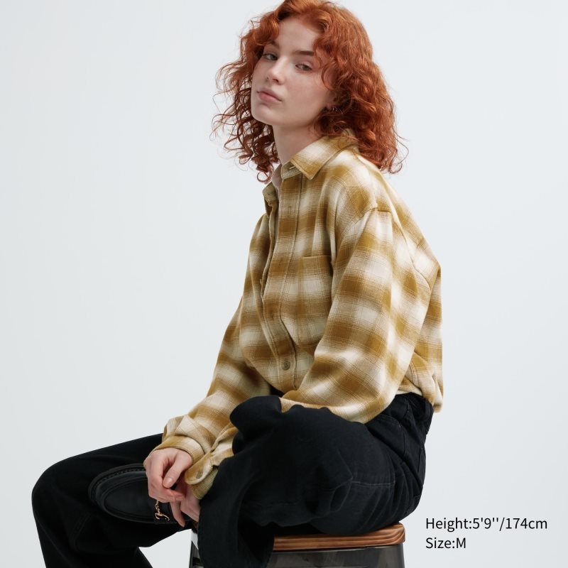 Men Uniqlo Flannel Checked Long-sleeve Shirts Yellow | 3521703