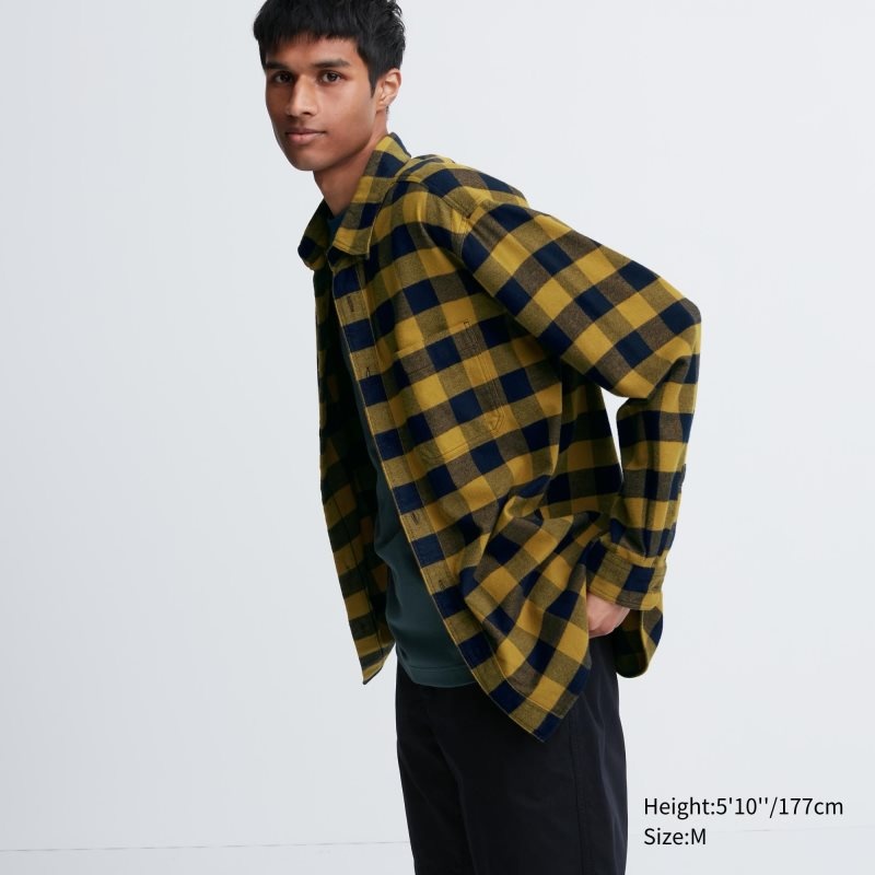 Men Uniqlo Flannel Checked Long-sleeve Shirts Yellow | 2366560