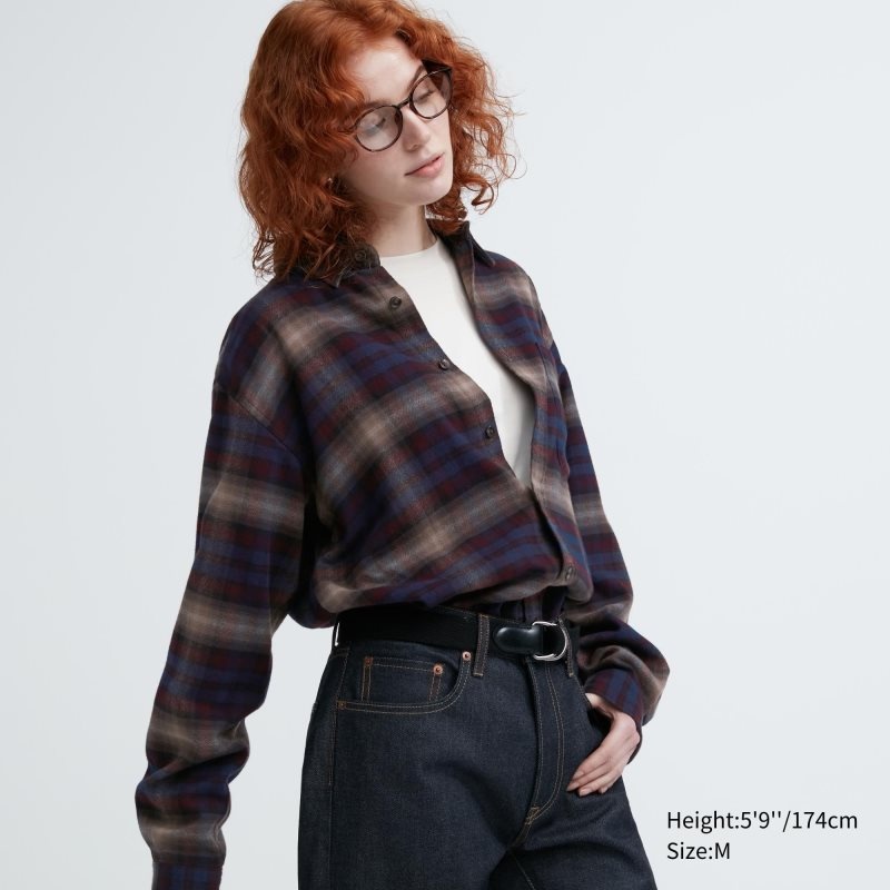 Men Uniqlo Flannel Checked Long-sleeve Shirts Burgundy | 6794436