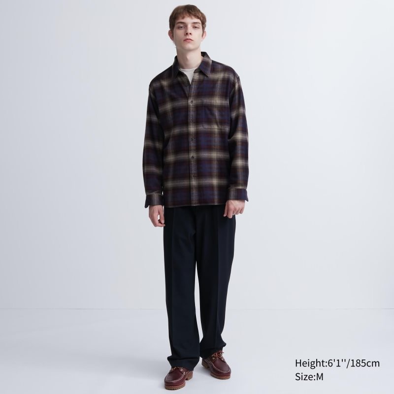 Men Uniqlo Flannel Checked Long-sleeve Shirts Burgundy | 6794436