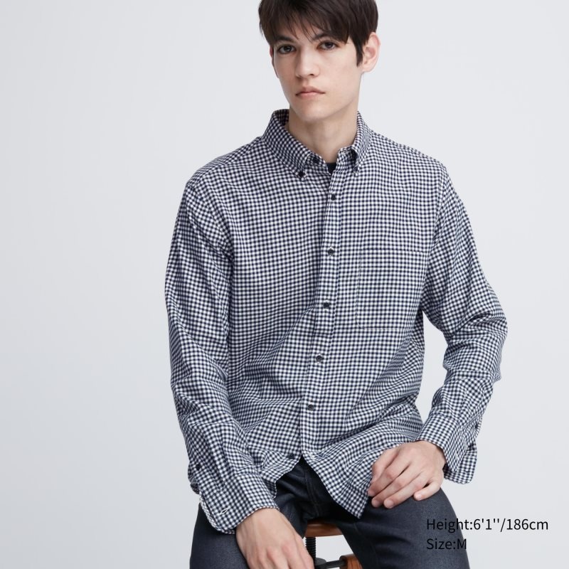 Men Uniqlo Flannel Checked Long-sleeve Shirts Navy | 8597460