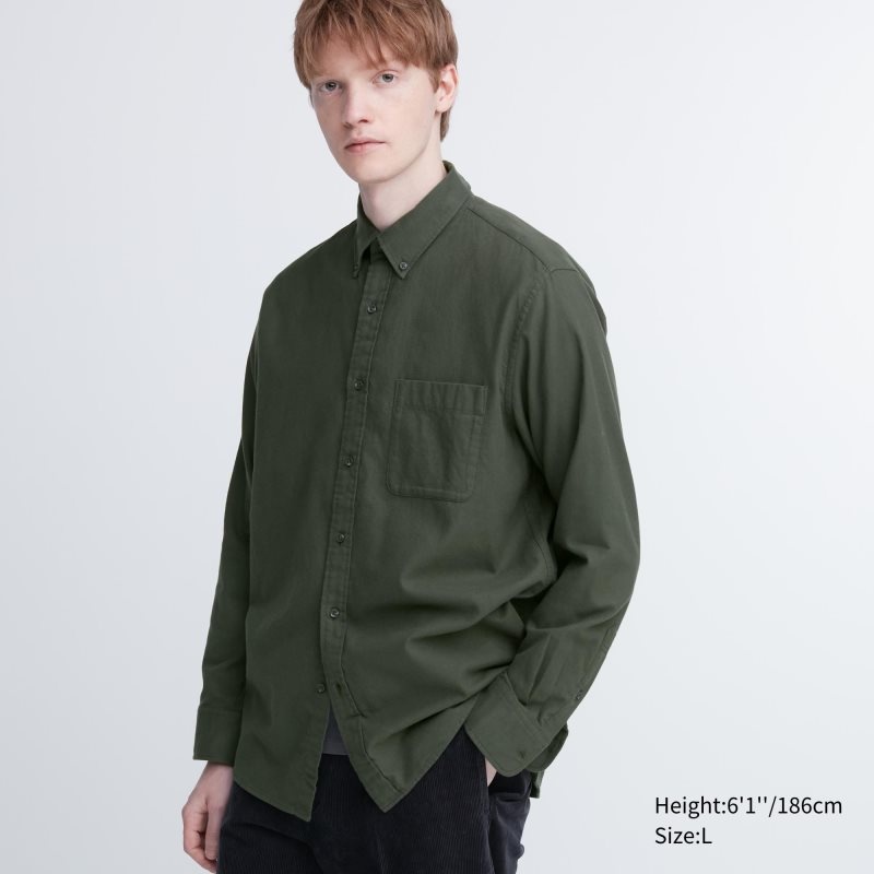 Men Uniqlo Flannel Long-Sleeve Shirts Olive | 9408917