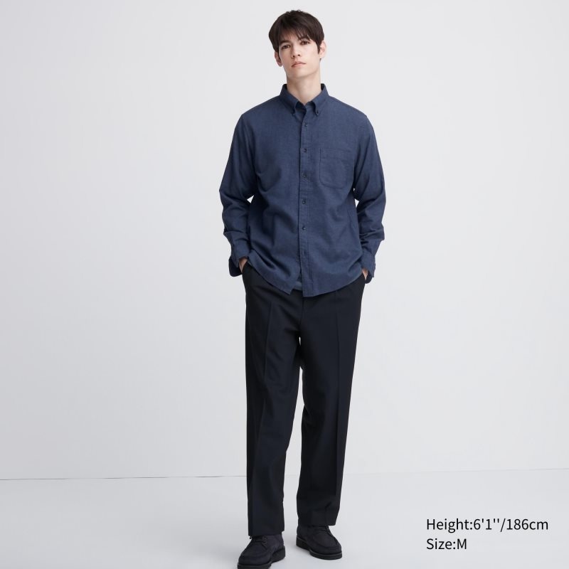 Men Uniqlo Flannel Long-sleeve Solid Shirts Blue | 8251475