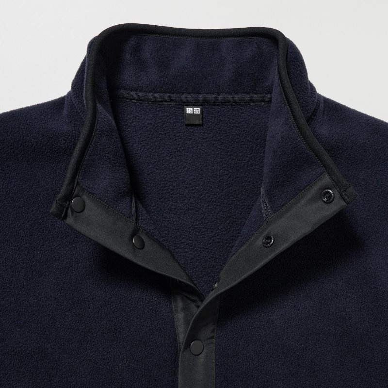 Men Uniqlo Fleece Button Up Long Sleeve Pullover Hoodie Navy | 6778691