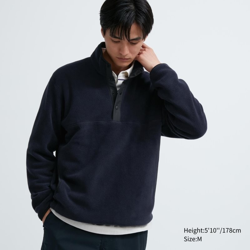 Men Uniqlo Fleece Button Up Long Sleeve Pullover Hoodie Navy | 6778691