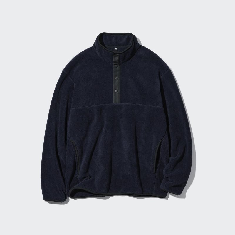 Men Uniqlo Fleece Button Up Long Sleeve Pullover Hoodie Black | 9539712
