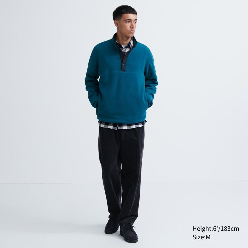 Men Uniqlo Fleece Button Up Long Sleeve Pullover Hoodie Blue | 5036477