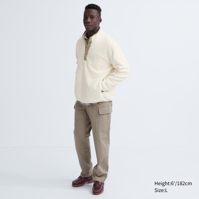 Men Uniqlo Fleece Button Up Long Sleeve Pullover Hoodie White | 9915845
