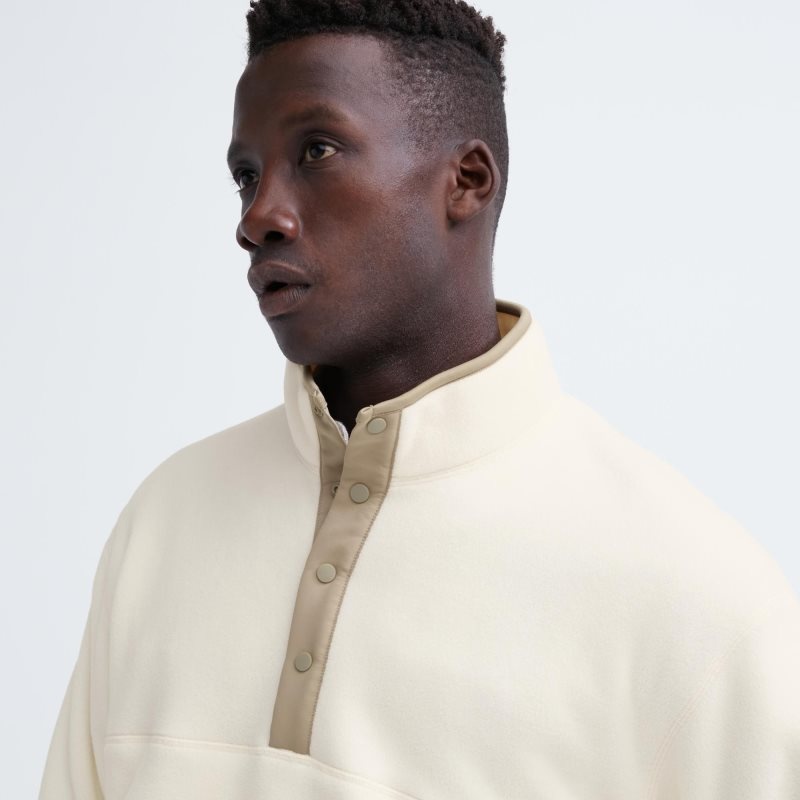 Men Uniqlo Fleece Button Up Long Sleeve Pullover Hoodie White | 9915845