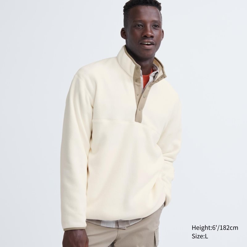 Men Uniqlo Fleece Button Up Long Sleeve Pullover Hoodie White | 9915845