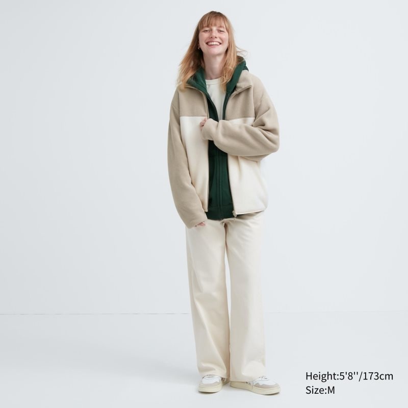 Men Uniqlo Fleece Long Sleeve Full-zip Jackets Beige | 6493006