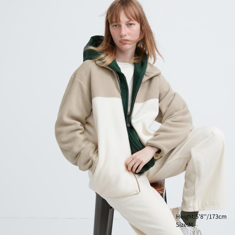 Men Uniqlo Fleece Long Sleeve Full-zip Jackets Beige | 6493006