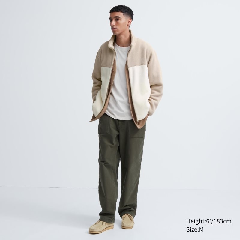 Men Uniqlo Fleece Long Sleeve Full-zip Jackets Beige | 6493006