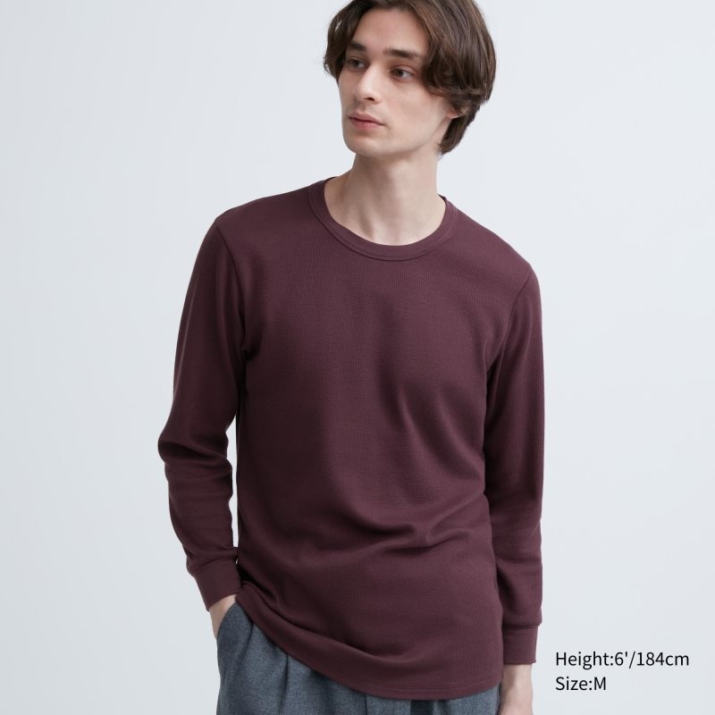 Men Uniqlo Heattech Cotton Waffle Crew Neck Extra Warm T Shirts Burgundy | 5585522