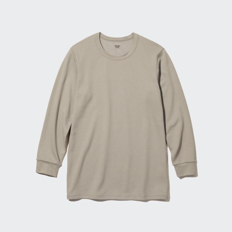 Men Uniqlo Heattech Cotton Waffle Crew Neck Extra Warm T Shirts Beige | 3004538