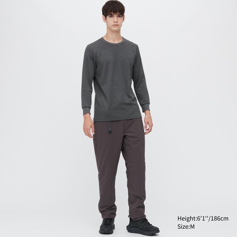 Men Uniqlo Heattech Cotton Waffle Crew Neck Long-sleeve Extra Warm T Shirts Grey | 7297973