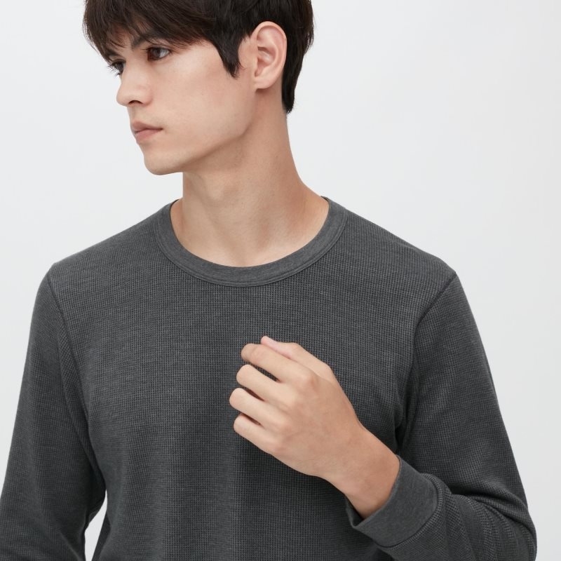 Men Uniqlo Heattech Cotton Waffle Crew Neck Long-sleeve Extra Warm T Shirts Grey | 7297973