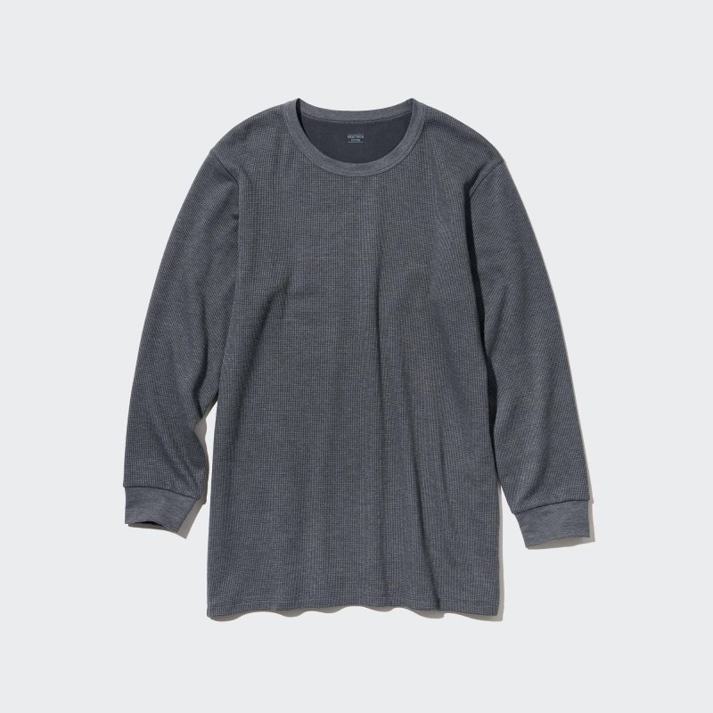Men Uniqlo Heattech Cotton Waffle Crew Neck Long-sleeve Extra Warm T Shirts Grey | 7297973