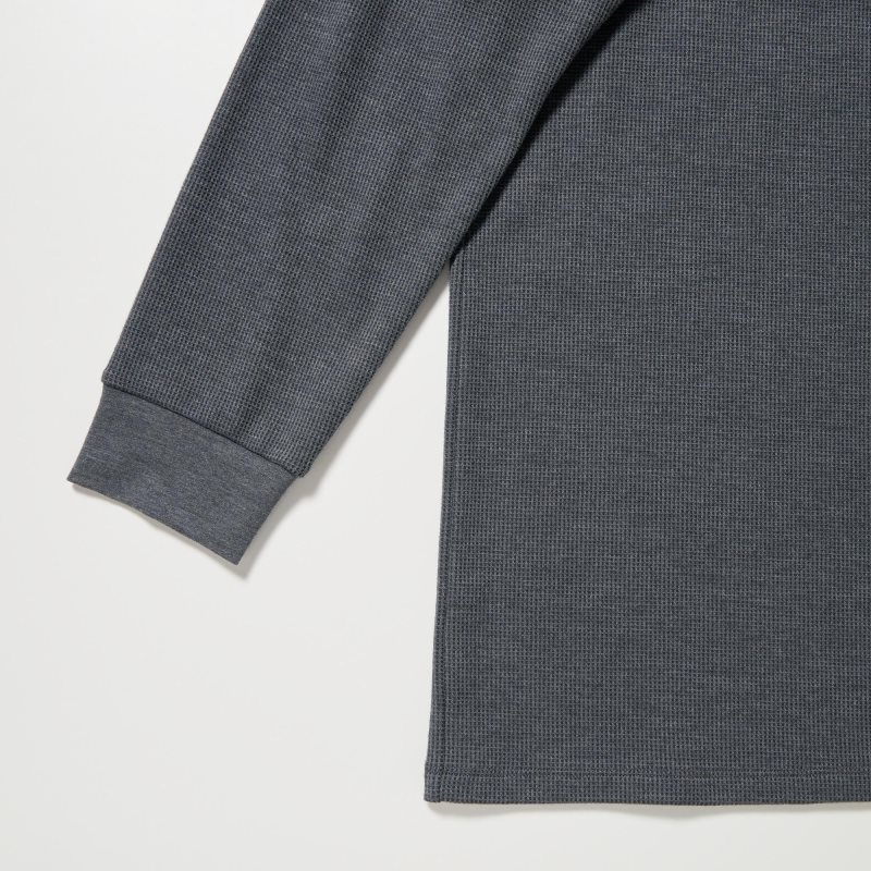Men Uniqlo Heattech Cotton Waffle Crew Neck Long-sleeve Extra Warm T Shirts Grey | 7297973