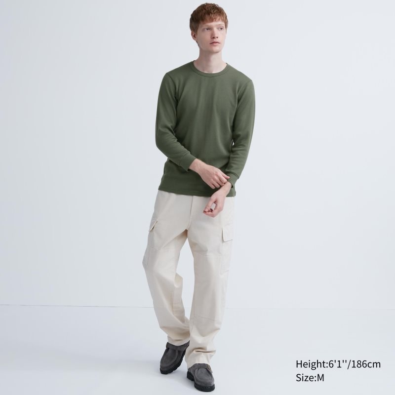 Men Uniqlo Heattech Cotton Waffle Crew Neck Extra Warm T Shirts Olive | 3877438