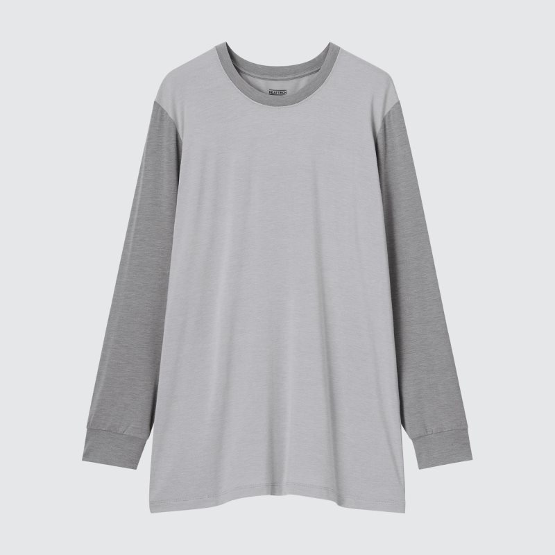Men Uniqlo Heattech Crew Neck Long Sleeve T Shirts Grey | 8283739