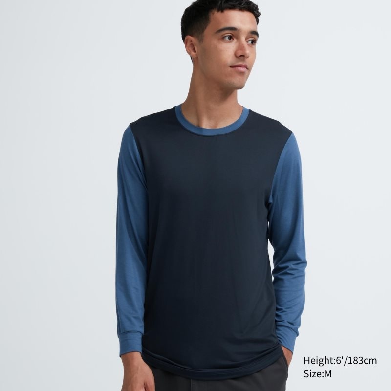 Men Uniqlo Heattech Crew Neck Long Sleeve T Shirts Navy | 4230482
