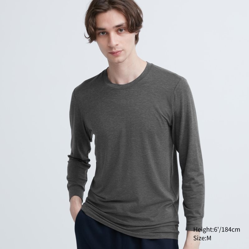 Men Uniqlo Heattech Crew Neck Long-sleeve T Shirts Grey | 4330252